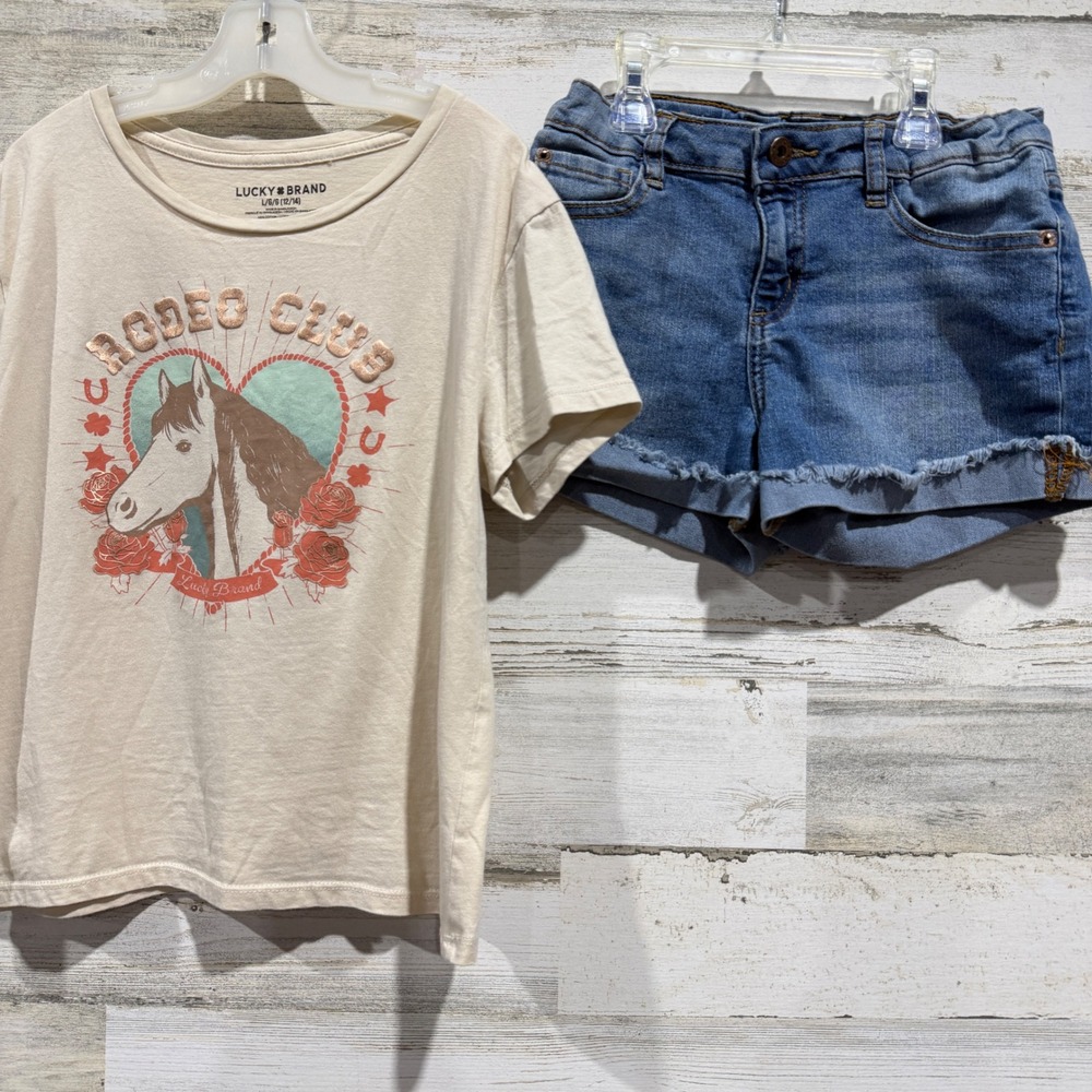 Lucky Brand Shirt Shorts Set Girls 12 Blue Cream Horse Rodeo Club Western EUC